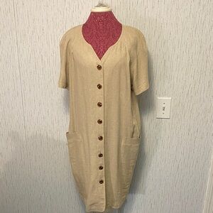 John Roberts Beige 55% Linen Short Sleeve Shirt Dress Women's Size 12 & Pockets
